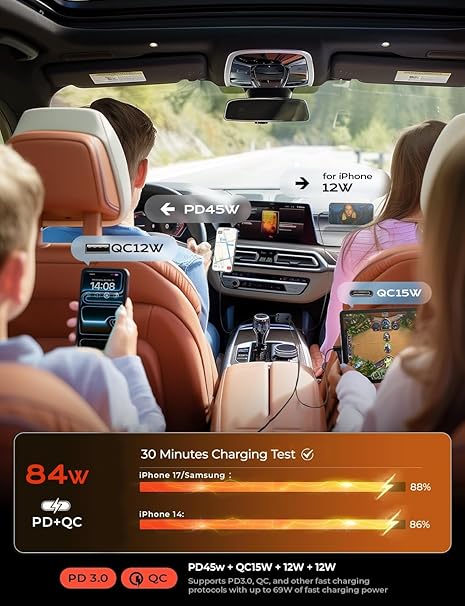LISEN Retractable Car Charger, 84W Car Charger USB C Fast Charge, Multi Cigarette Lighter Adapter, 4 in 1 Car Accessories Birthday Gifts for Men Women Dad Mom Husband, for iPhone 17 16 15 14 13 12 11