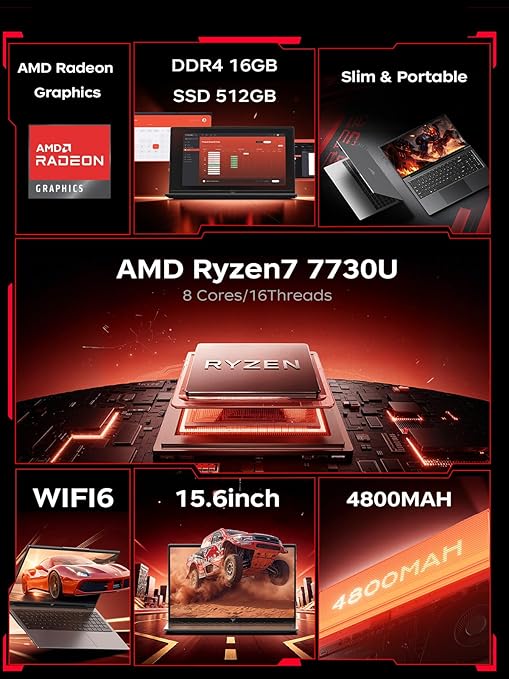 MALLRACE Gaming Laptop,16GB RAM 512GB SSD Laptop Computer with Numeric KB,AMD Ryzen 7 7730U (Beat Intel i7-1255,up to 4.5GHz), Radeon Graphics,15.6inch FHD Display AMD Laptop,Type_C,WiFi 6